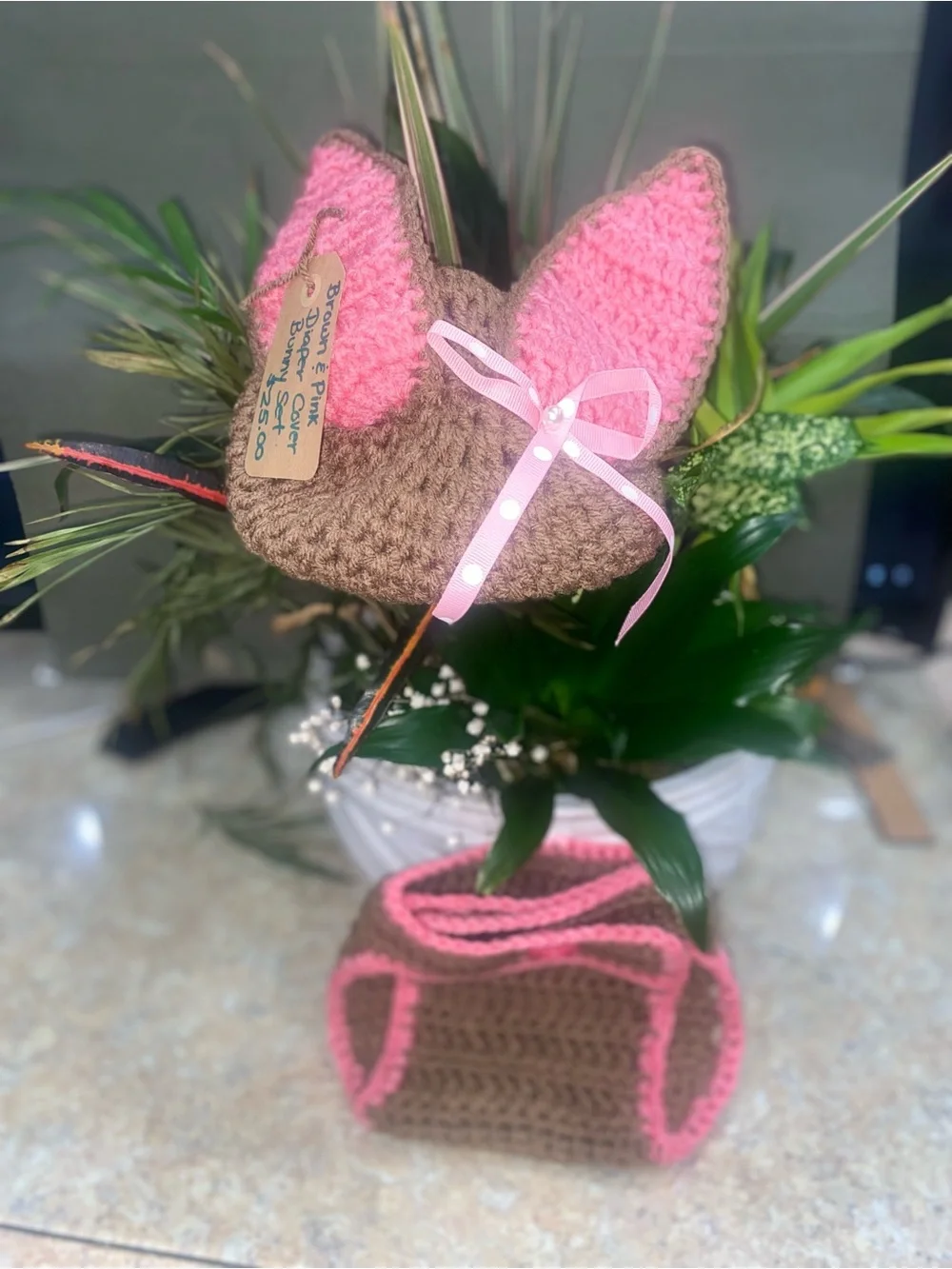 Handmade Crochet Bunny Diaper Cover & Ear Hat - Brown and Bright Pink